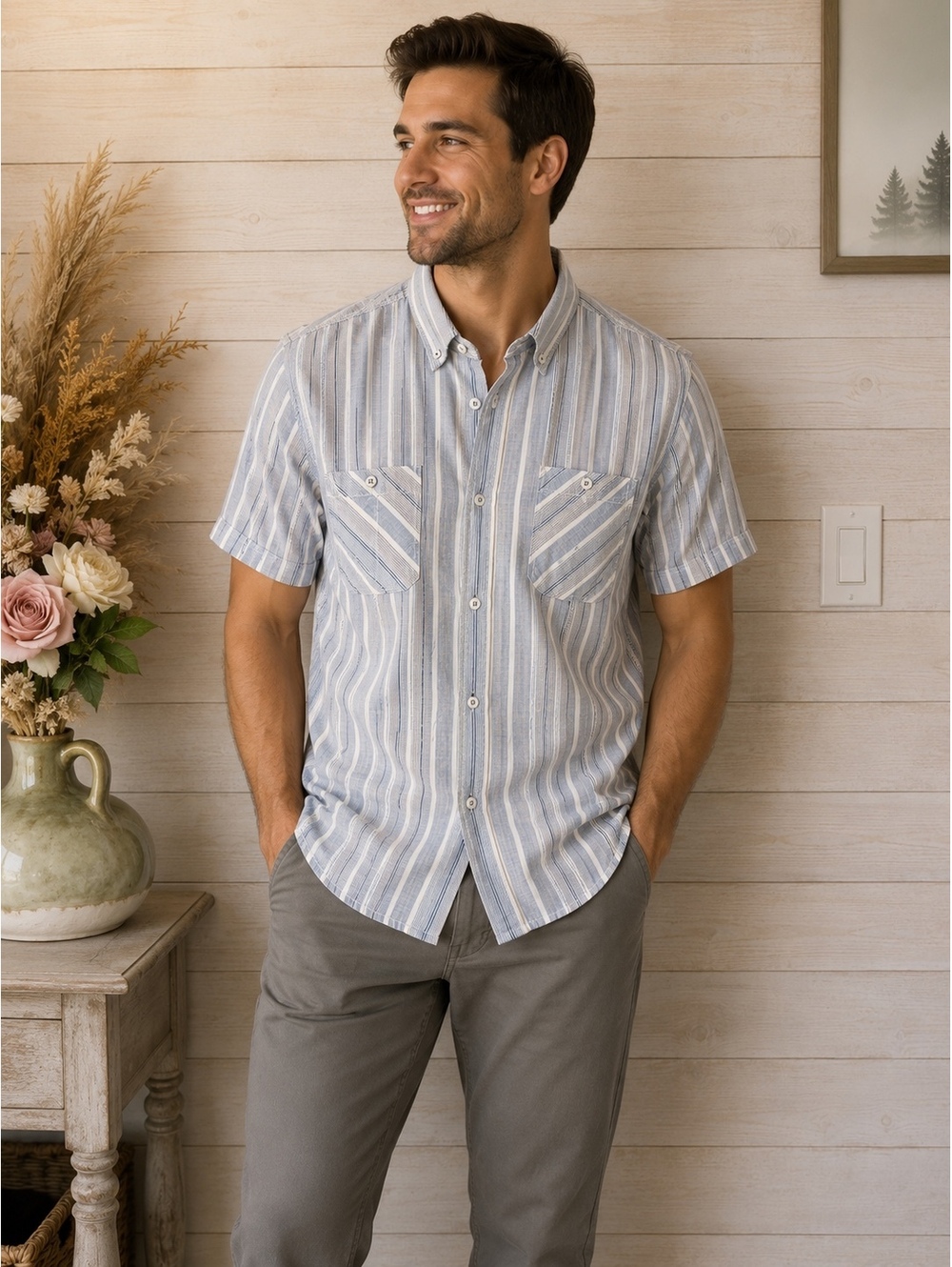 Buffalo David Bitton Men's Medium Striped Short Sleeve Button-Up‎ Shirt